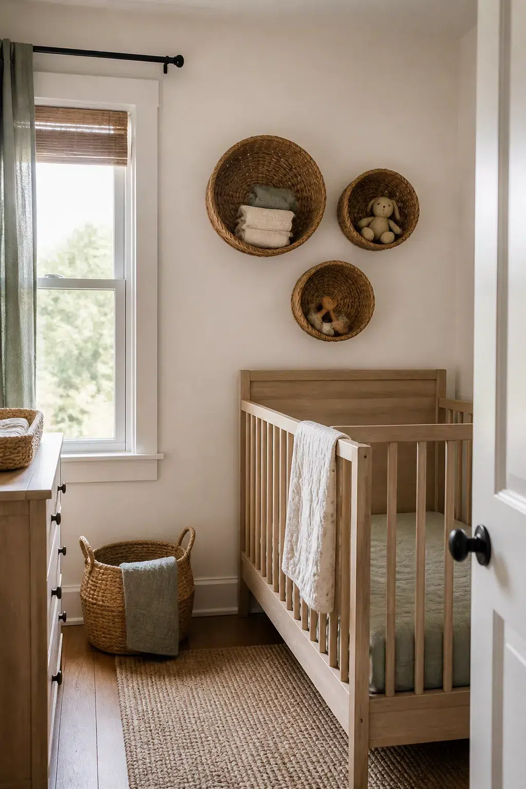 Round woven wall baskets above a wood crib — small nursery storage ideas using natural wicker.