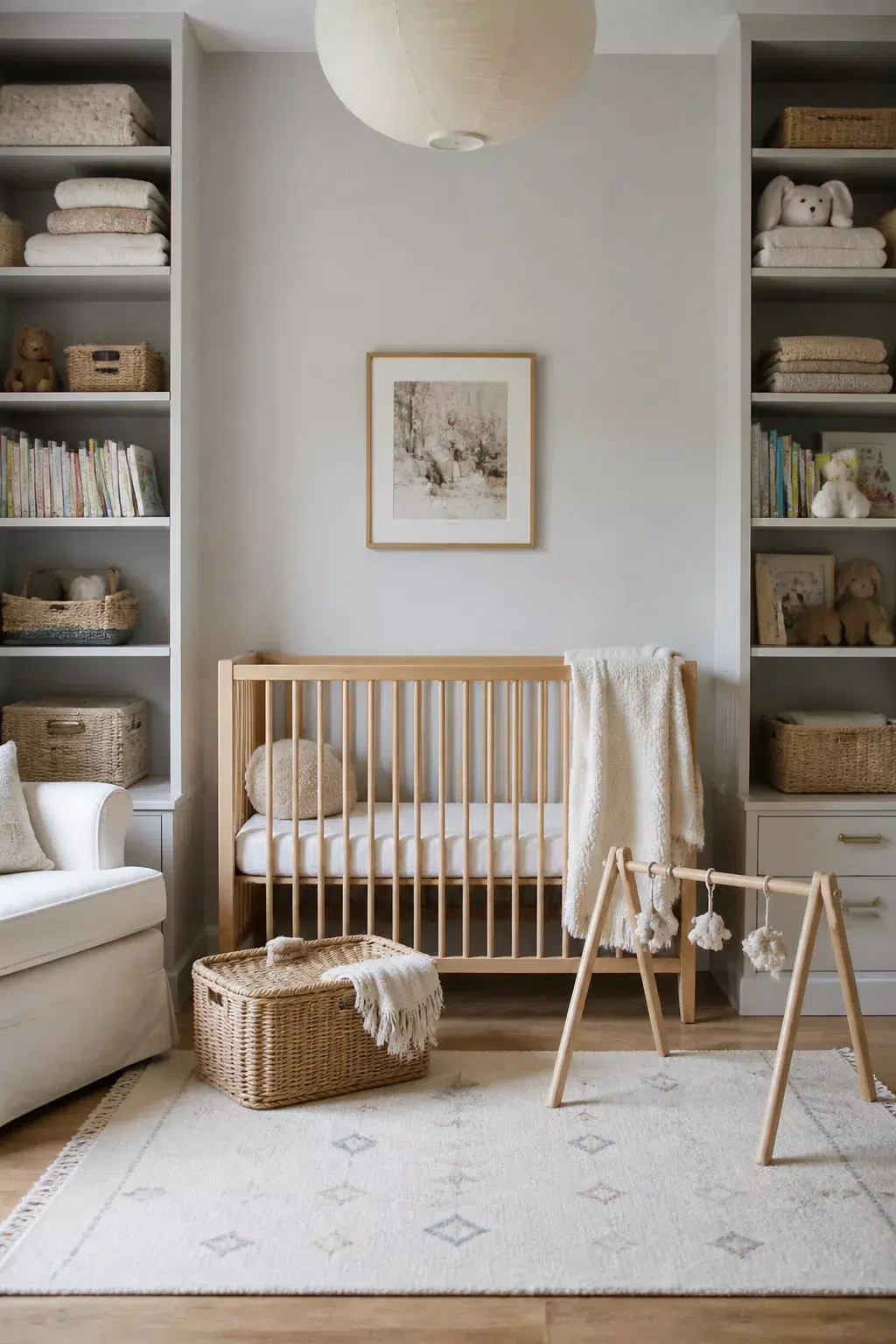 Gray floor-to-ceiling built-in shelving flanking a wooden crib — nursery storage ideas for small baby rooms