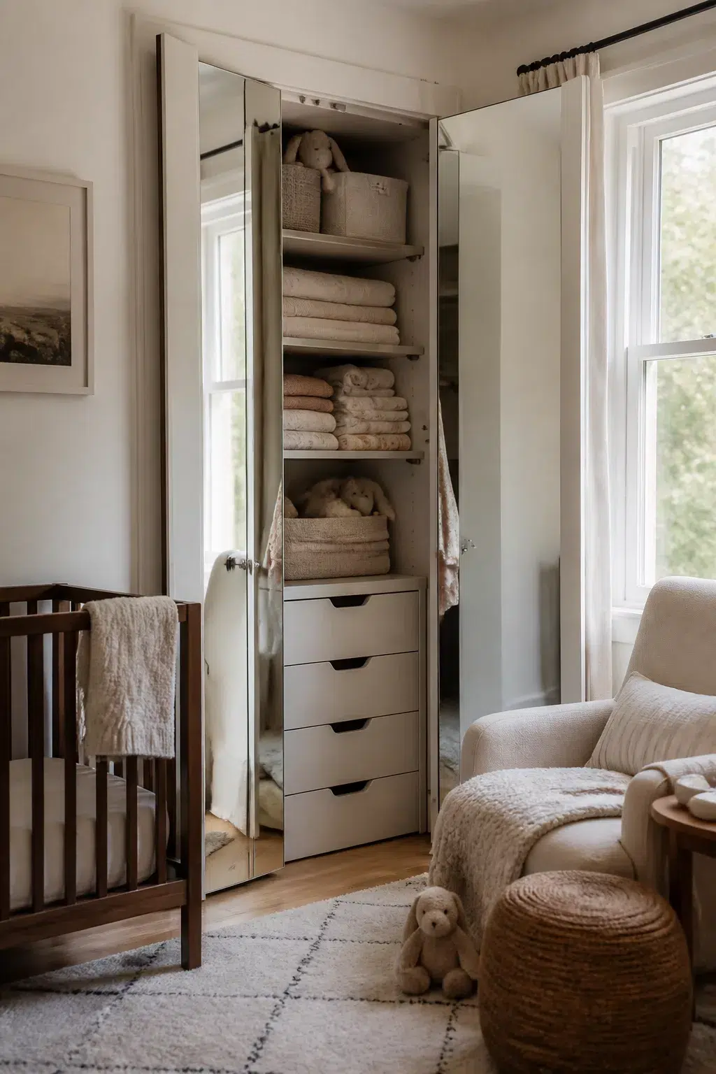 Mirrored tall storage cabinet in a soft neutral nursery — nursery storage ideas for small baby rooms