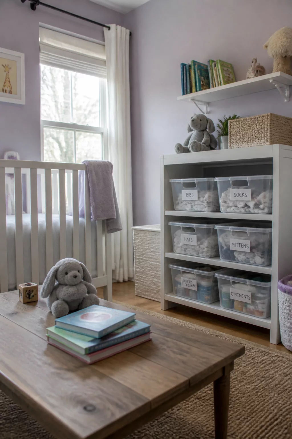 Nursery storage ideas using labeled clear bins on white open shelves in a soft lavender baby room