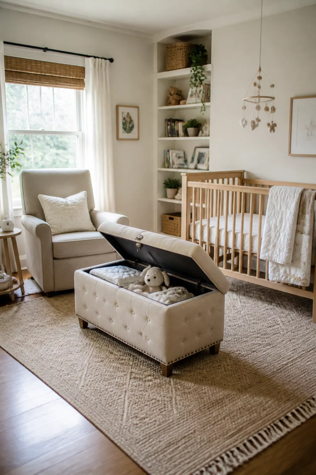 Cream tufted storage ottoman open in a neutral nursery — a practical nursery storage idea for toys and blankets