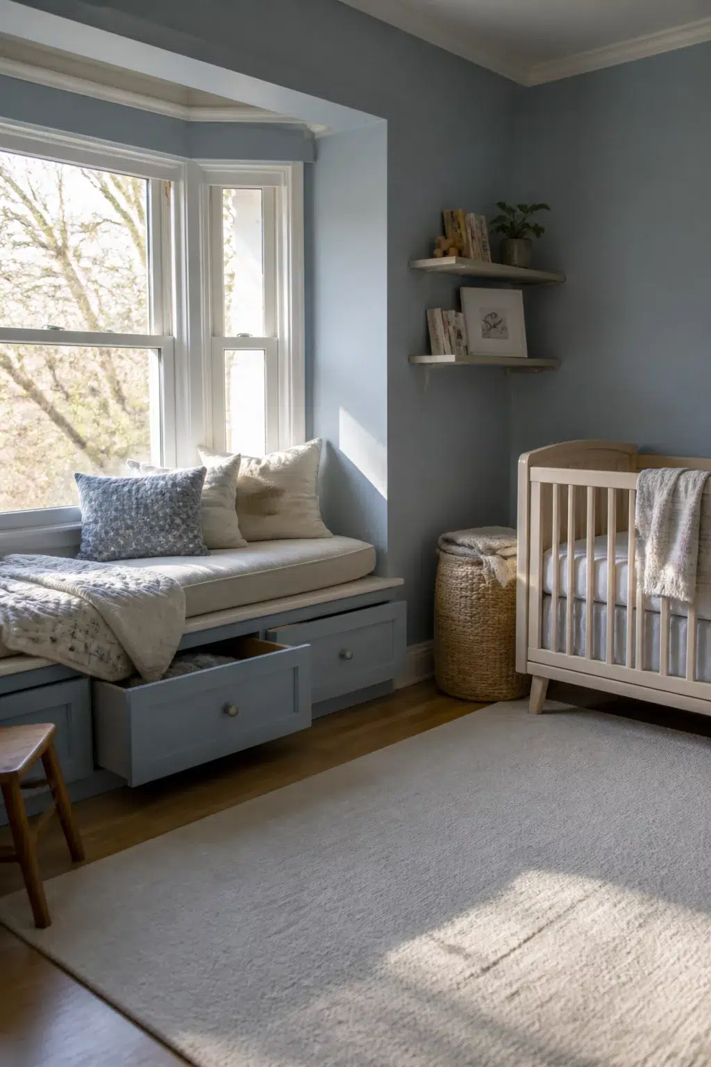 Blue-gray built-in window seat with pull-out storage drawers in a soft nursery — nursery storage ideas