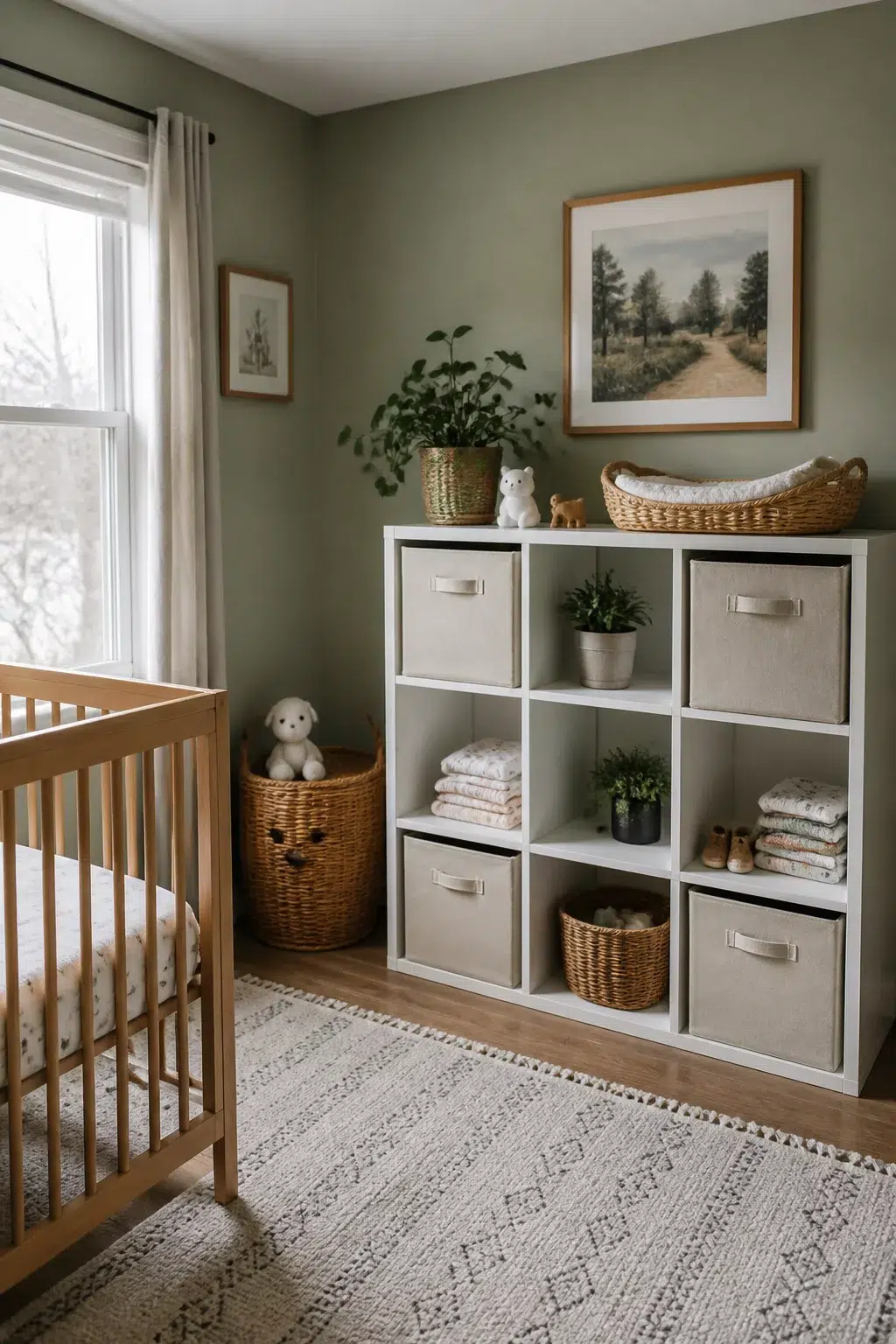 White nine-cube shelving with linen bins and wicker baskets in a sage green nursery — nursery storage ideas