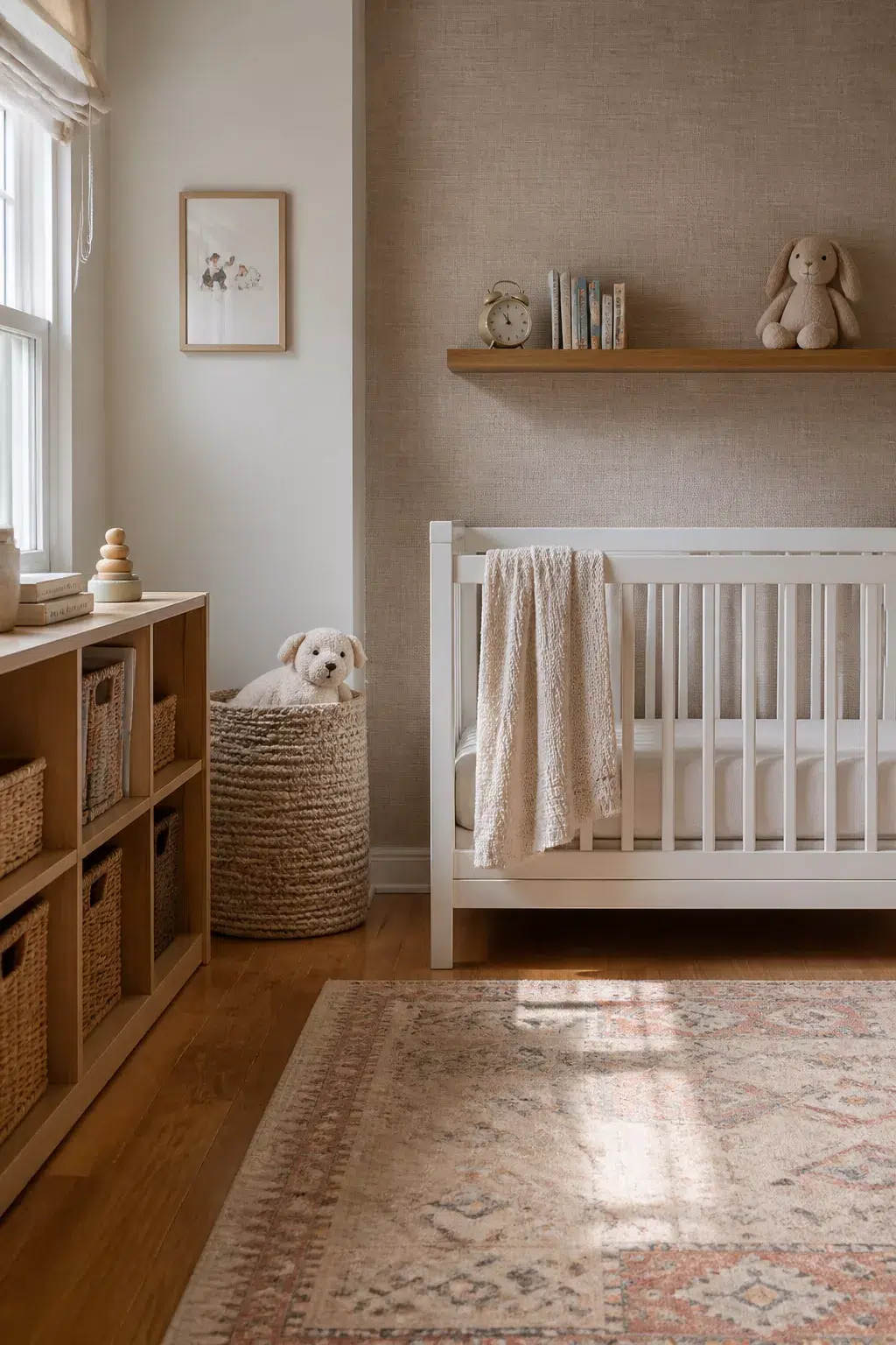 Natural wood floating shelf above white crib with books and toys — nursery storage ideas for small baby rooms