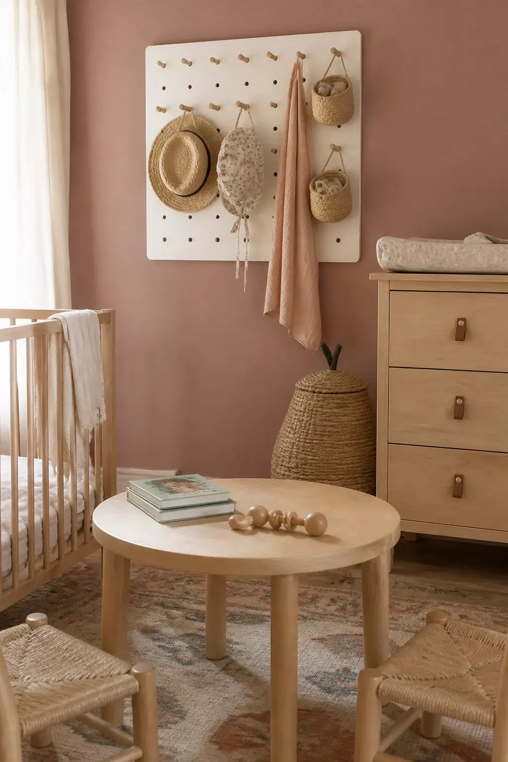 White pegboard with woven baskets and hooks in a dusty rose nursery — baby room storage ideas