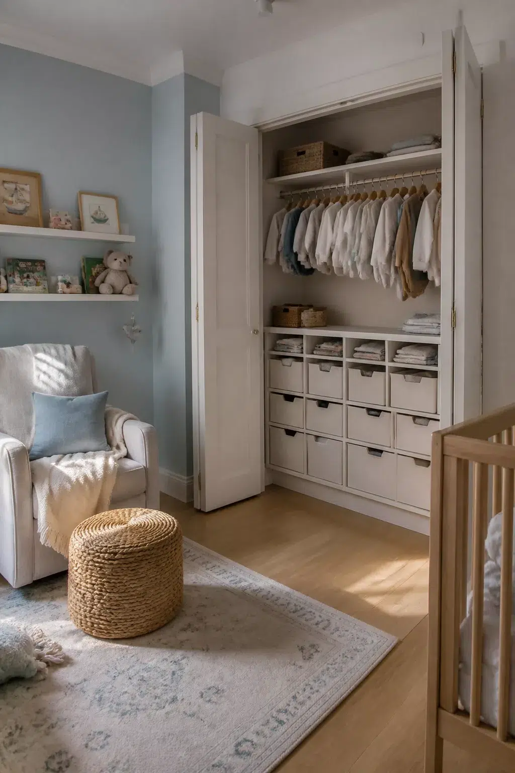 White built-in wardrobe with drawer inserts and hanging baby clothes — nursery storage ideas for small rooms