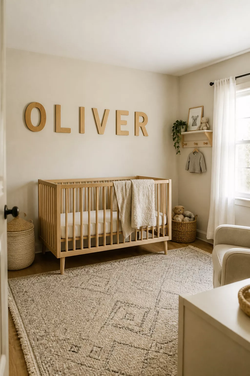 Nursery wall name ideas using oversized natural wood letters spelling OLIVER above a light oak crib