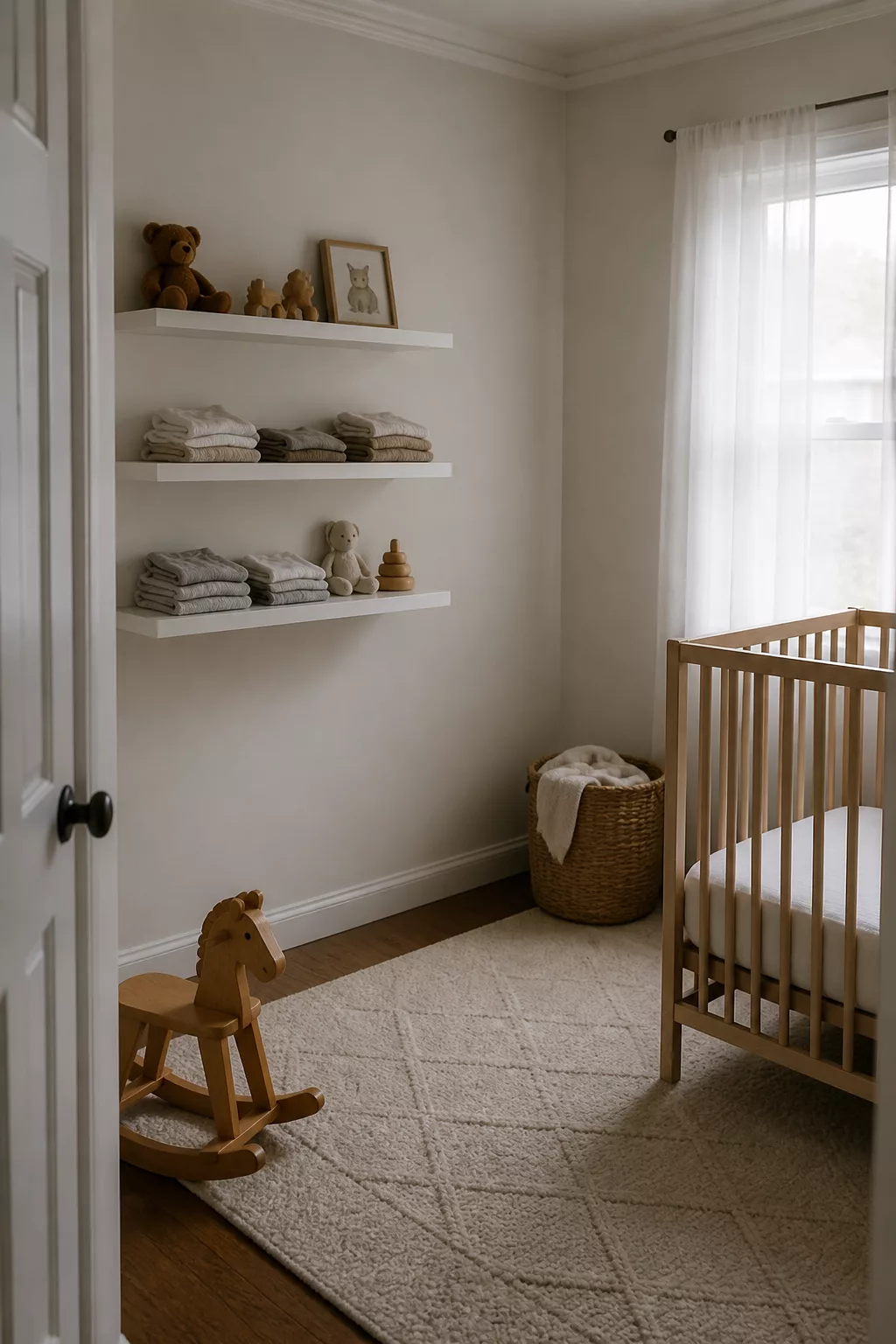 White floating shelves with folded baby linens and toys in a simple nursery idea for a small room