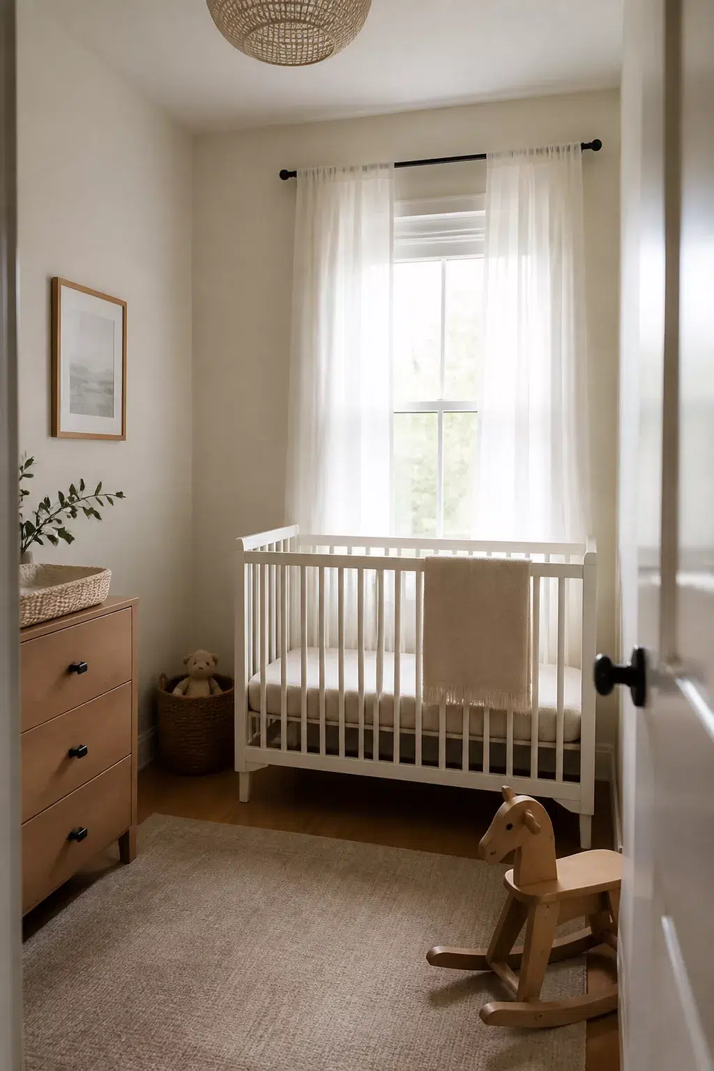 Simple nursery ideas for a small room with sheer white curtains, rattan pendant light, and a white crib.