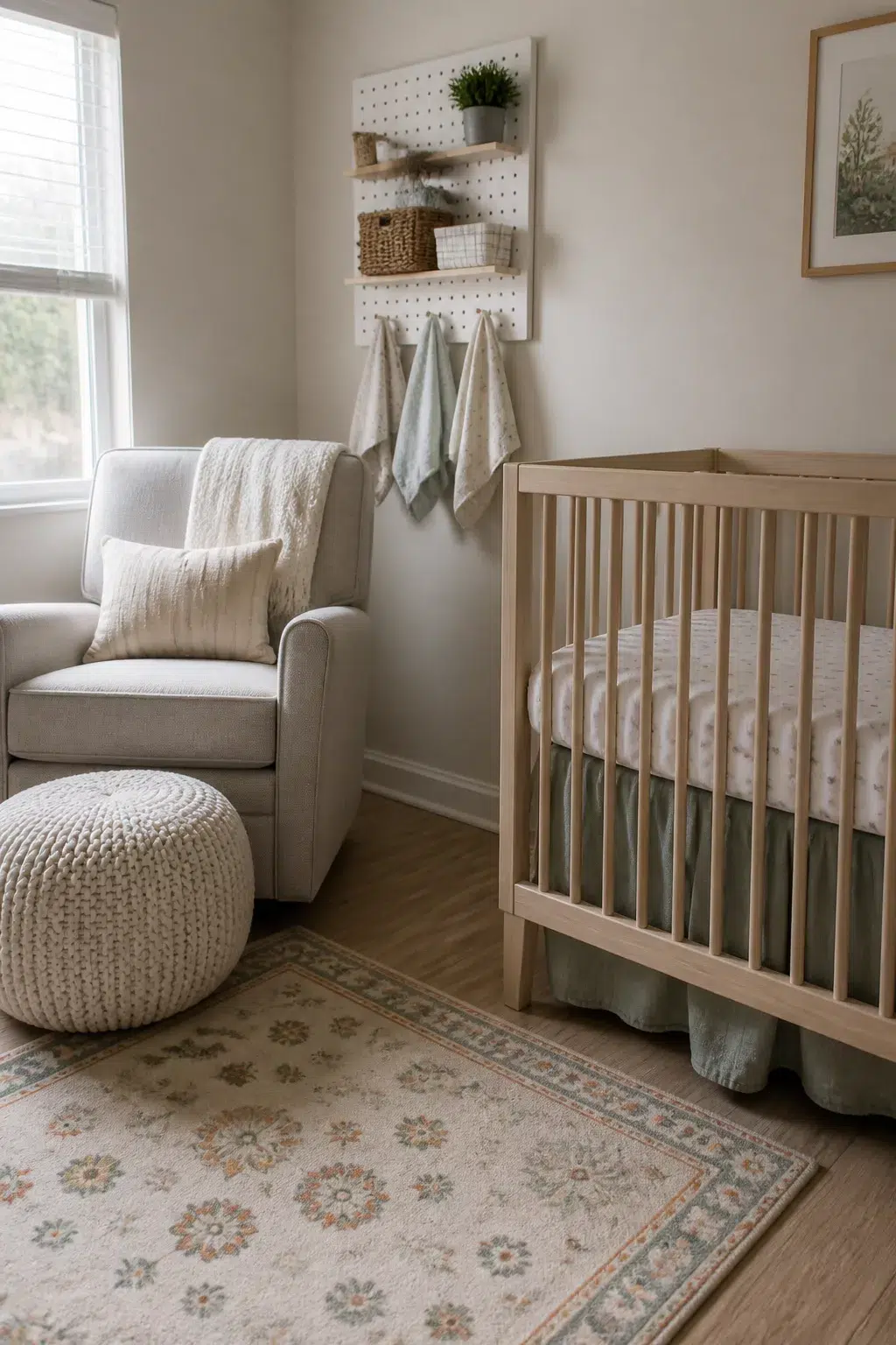 White pegboard wall organizer in a simple nursery ideas for a small room with wood crib and neutral decor