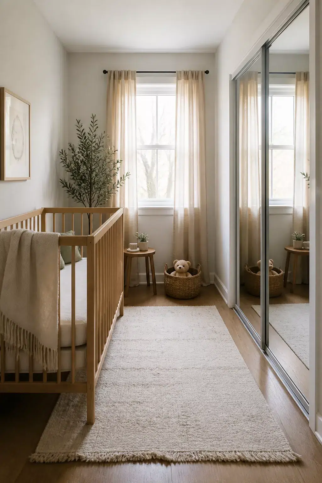 Simple nursery ideas for a small room with mirrored closet doors, light wood crib, and neutral decor.