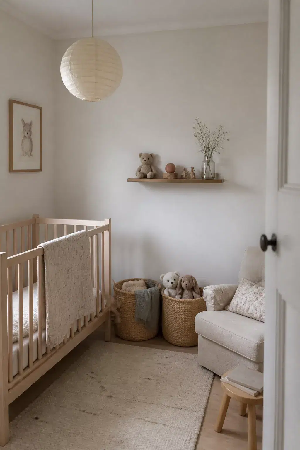 Simple nursery ideas for a small room with woven floor baskets, light wood crib, and neutral decor