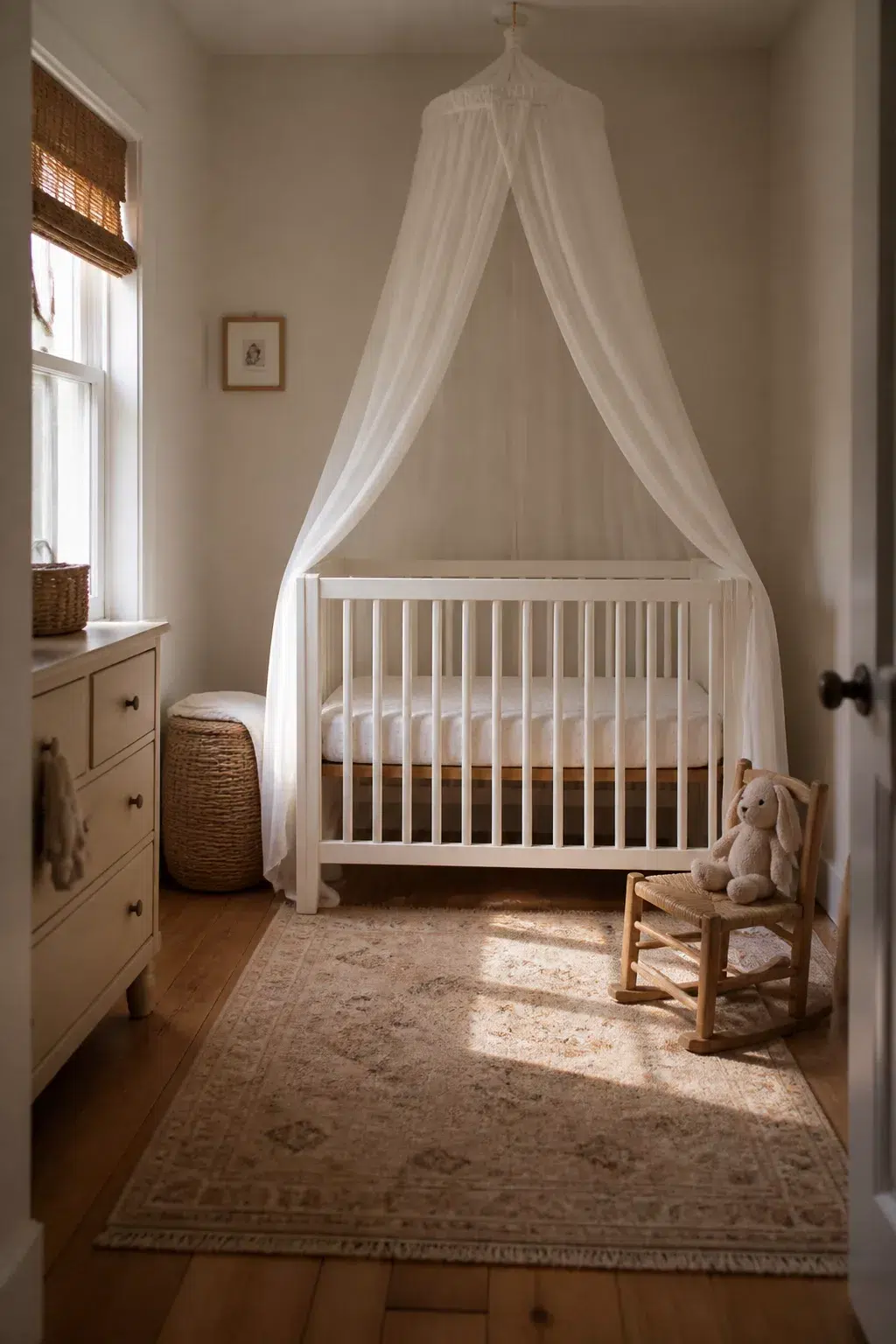 Simple nursery ideas for a small room featuring a ceiling-mounted sheer canopy over a white crib with warm wood floors.