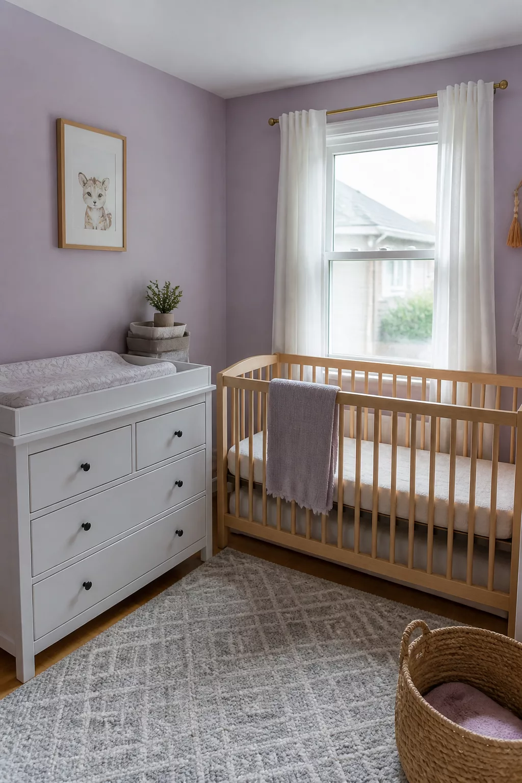 Simple nursery ideas for a small room with lavender walls, white dresser changing table, and natural wood crib.