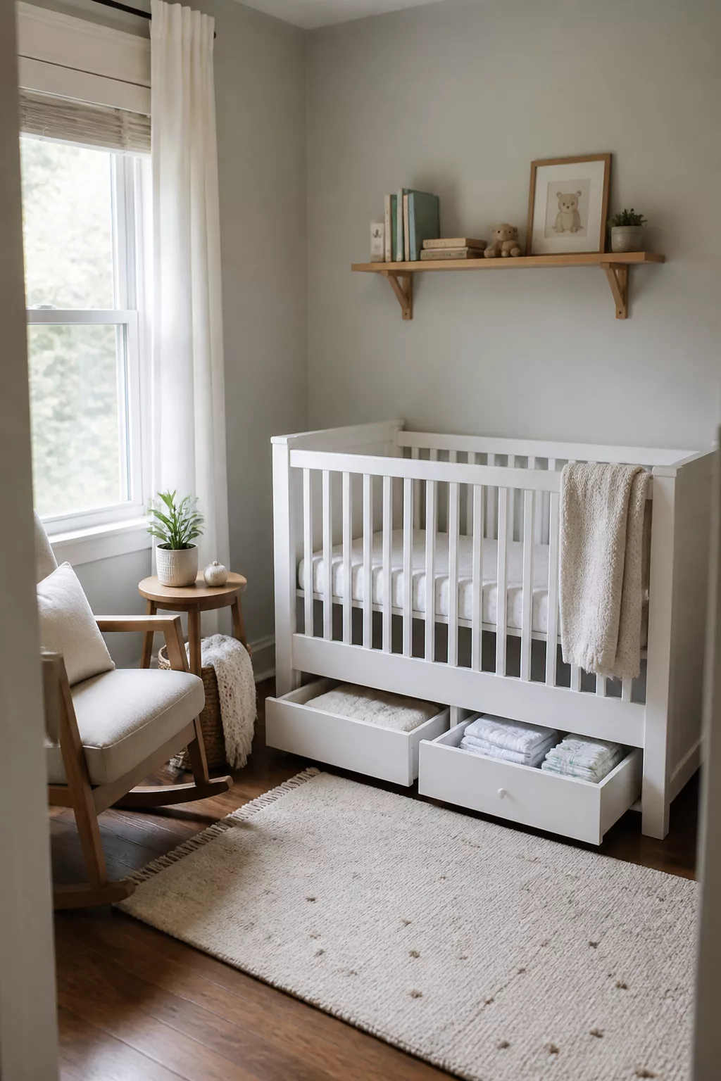 Simple nursery ideas for a small room featuring a white crib with built-in pull-out drawer storage