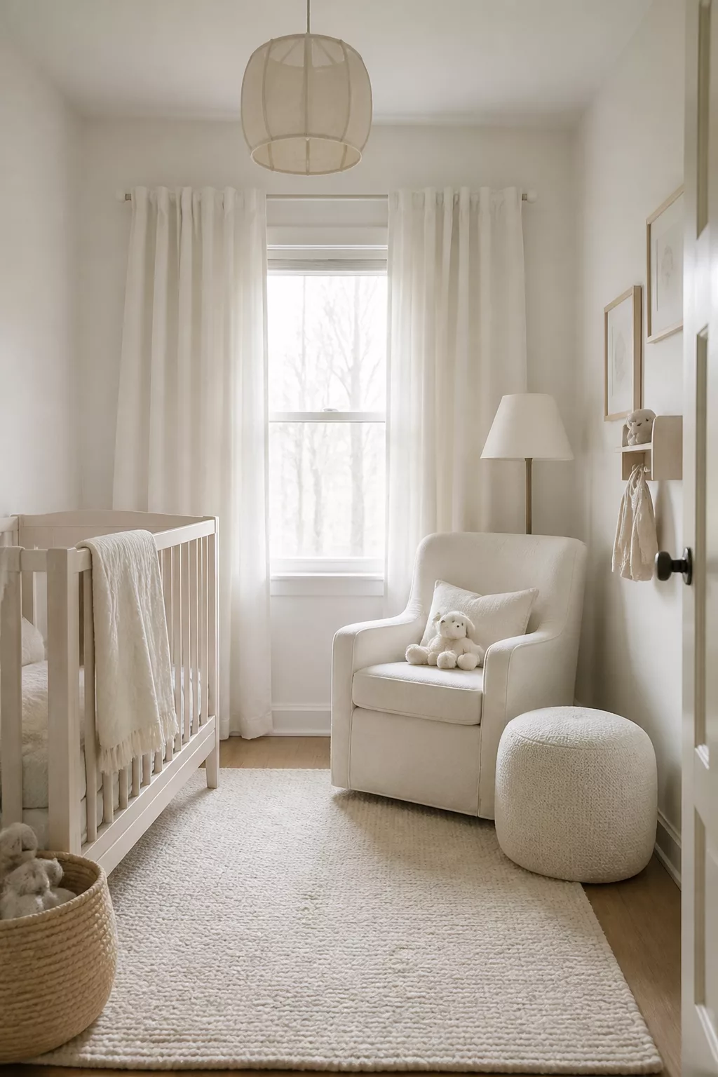 Simple nursery ideas for a small room using an all-cream monochrome palette with glider, crib, and textured pouf.