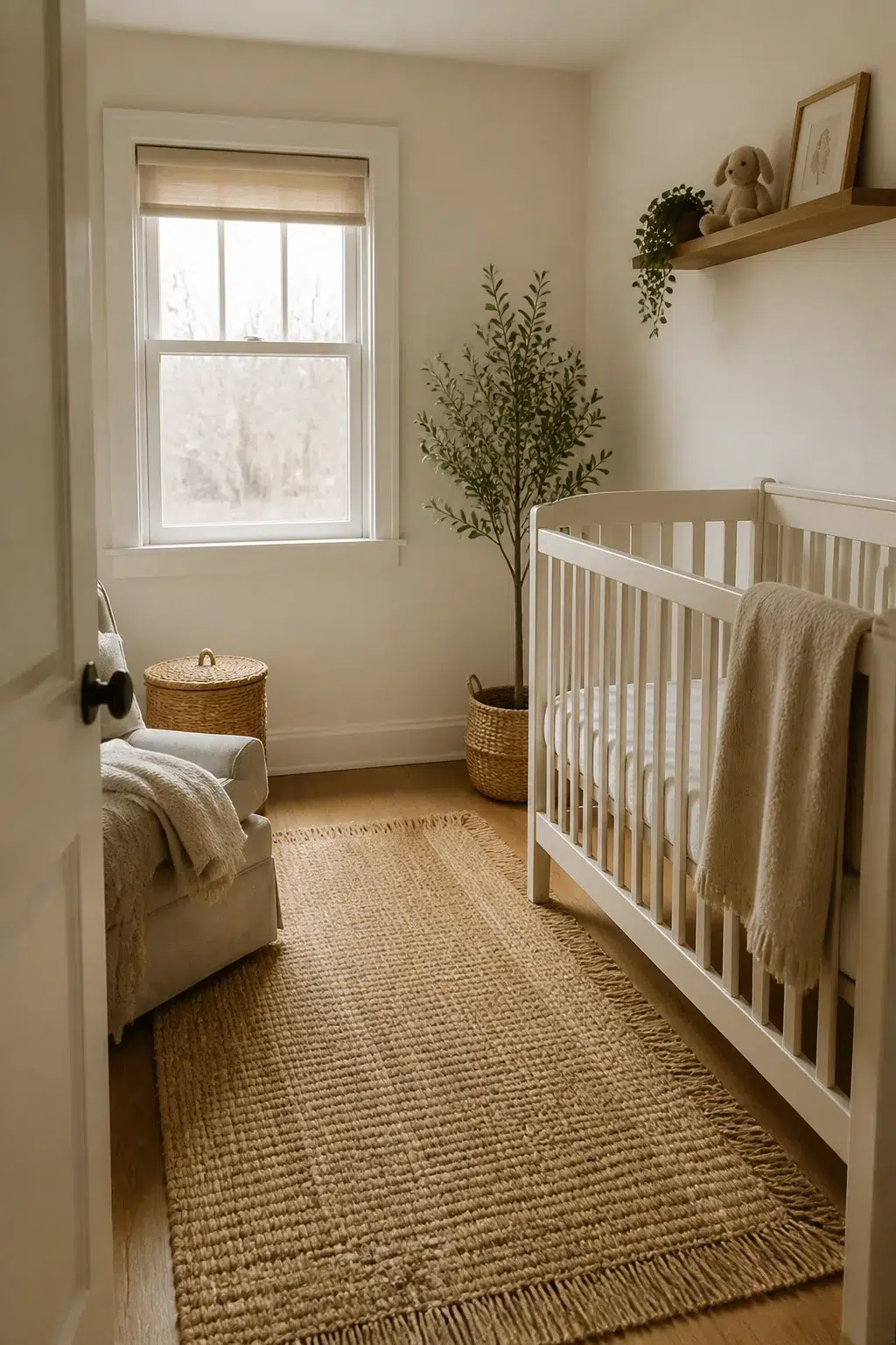 Simple nursery ideas for a small room using a cream and linen neutral palette with white crib and jute rug