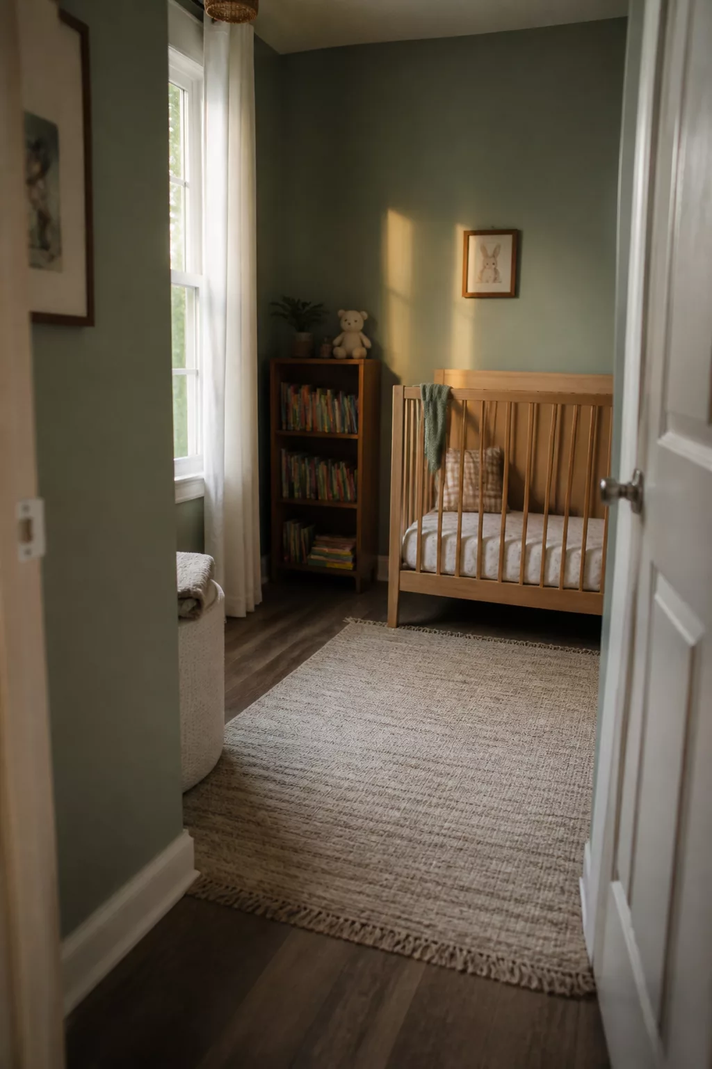 Simple nursery ideas for a small room with sage green walls, a corner wood crib, and a jute rug.