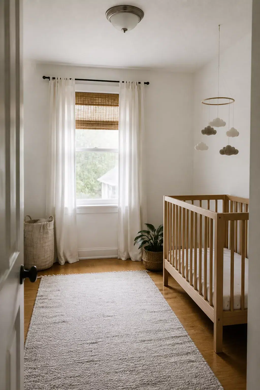 Simple nursery ideas for a small room — felt cloud mobile above a wood crib with white walls and minimal decor.