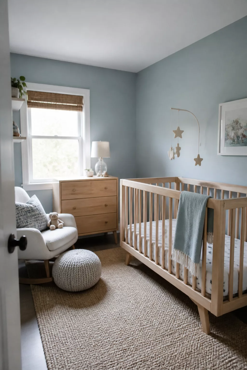 Simple nursery ideas for a small room using a natural wood convertible crib and soft blue-gray walls.