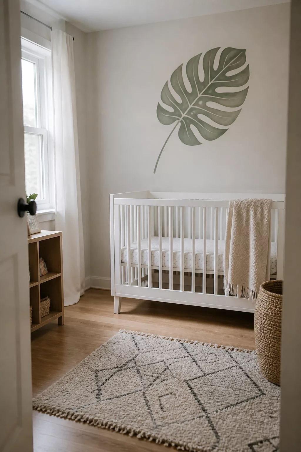 Oversized monstera leaf wall decal above white crib — simple nursery ideas for a small room