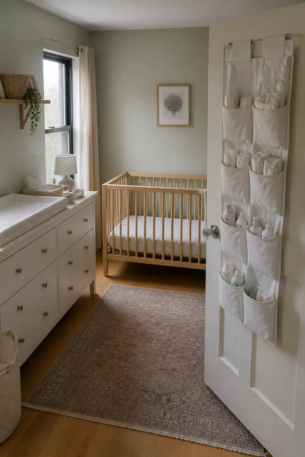 Over-the-door fabric organizer in a simple nursery — simple nursery ideas for a small room with sage walls