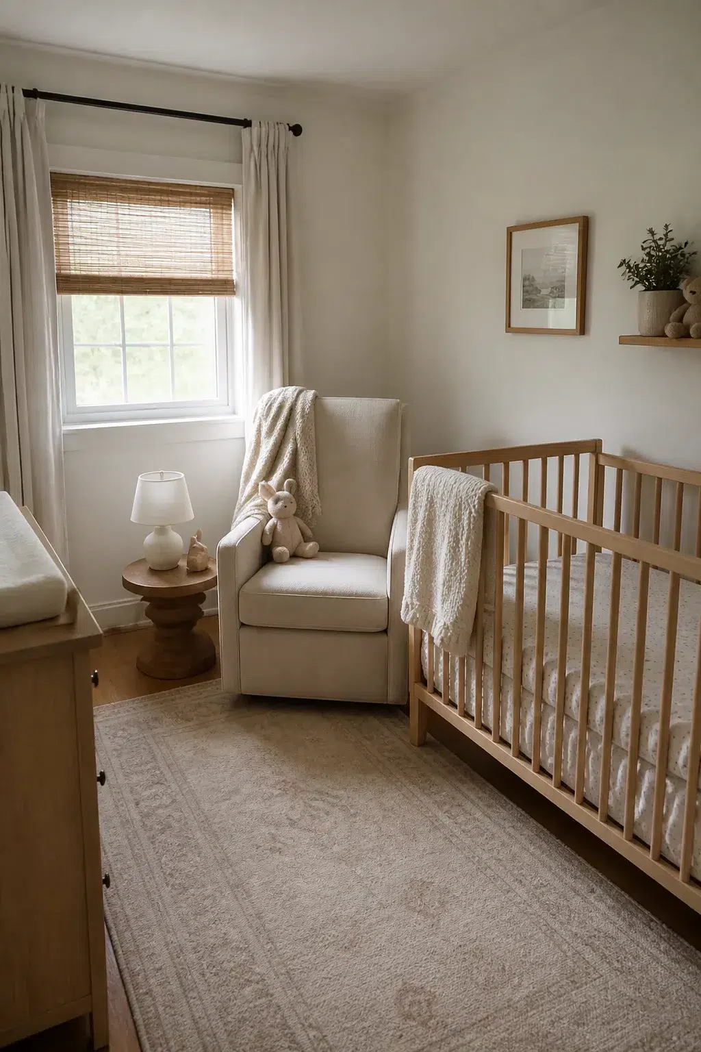 Simple nursery ideas for a small room with a compact glider, round wood side table, and natural wood crib.
