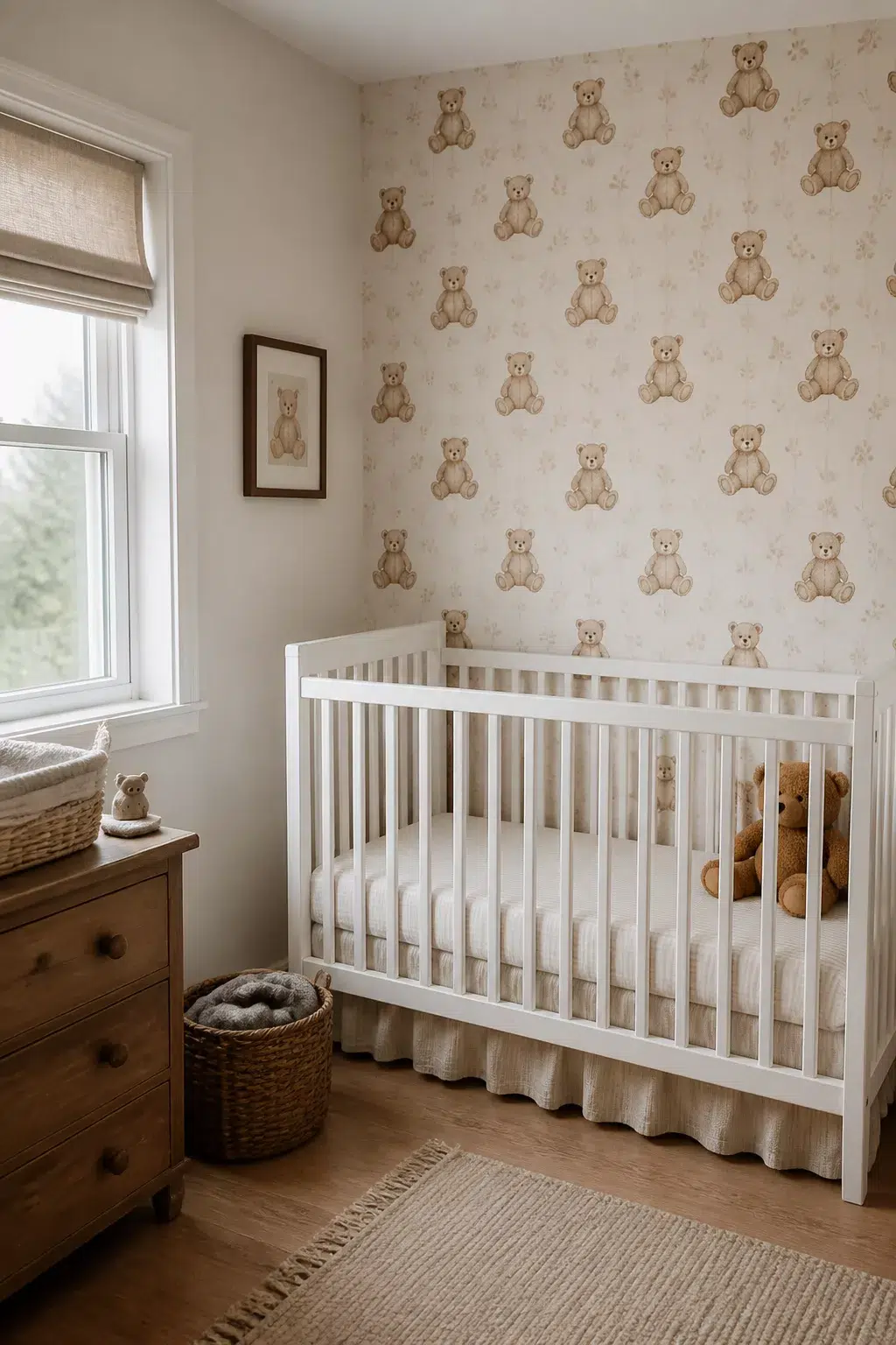 Teddy bear nursery with repeating watercolor bear print wallpaper, white crib, wood dresser, and woven basket