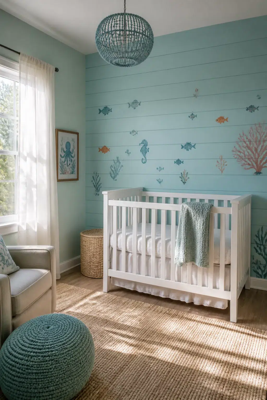 Soft aqua shiplap nursery with sea creature wall decals and beaded chandelier — under the sea nursery ideas