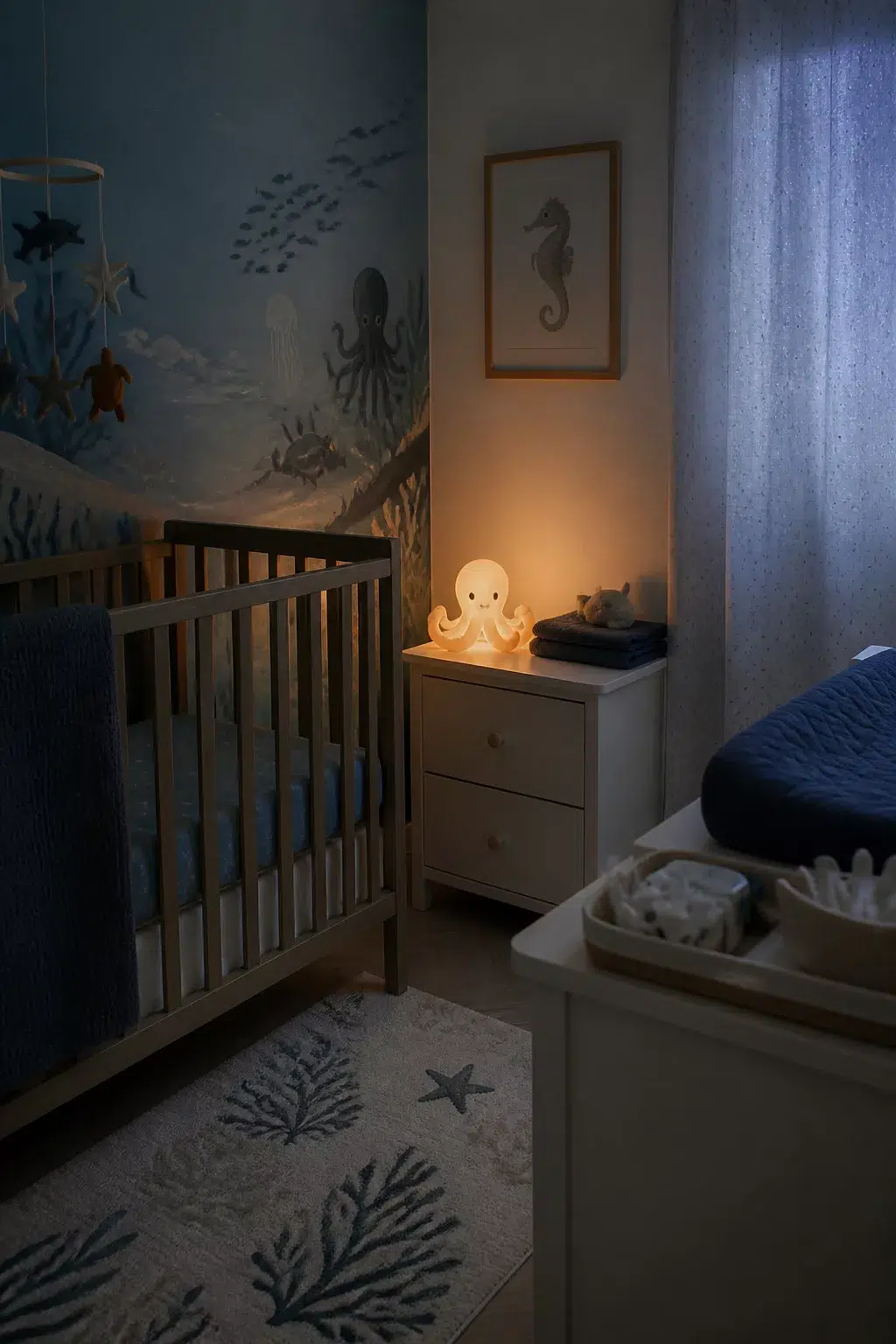 Under the sea nursery ideas with glowing octopus nightlight, ocean mural wall, and seahorse print in a moody blue baby room.