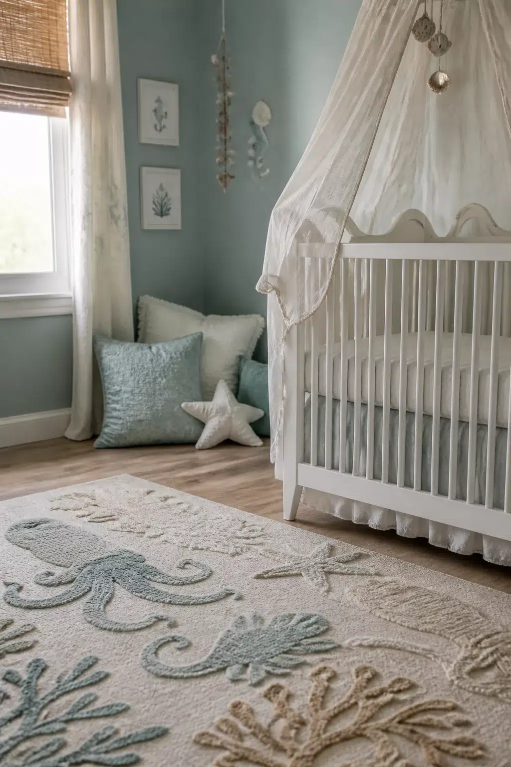 Under the sea nursery with tufted ocean creature rug, sheer crib canopy, and seafoam walls