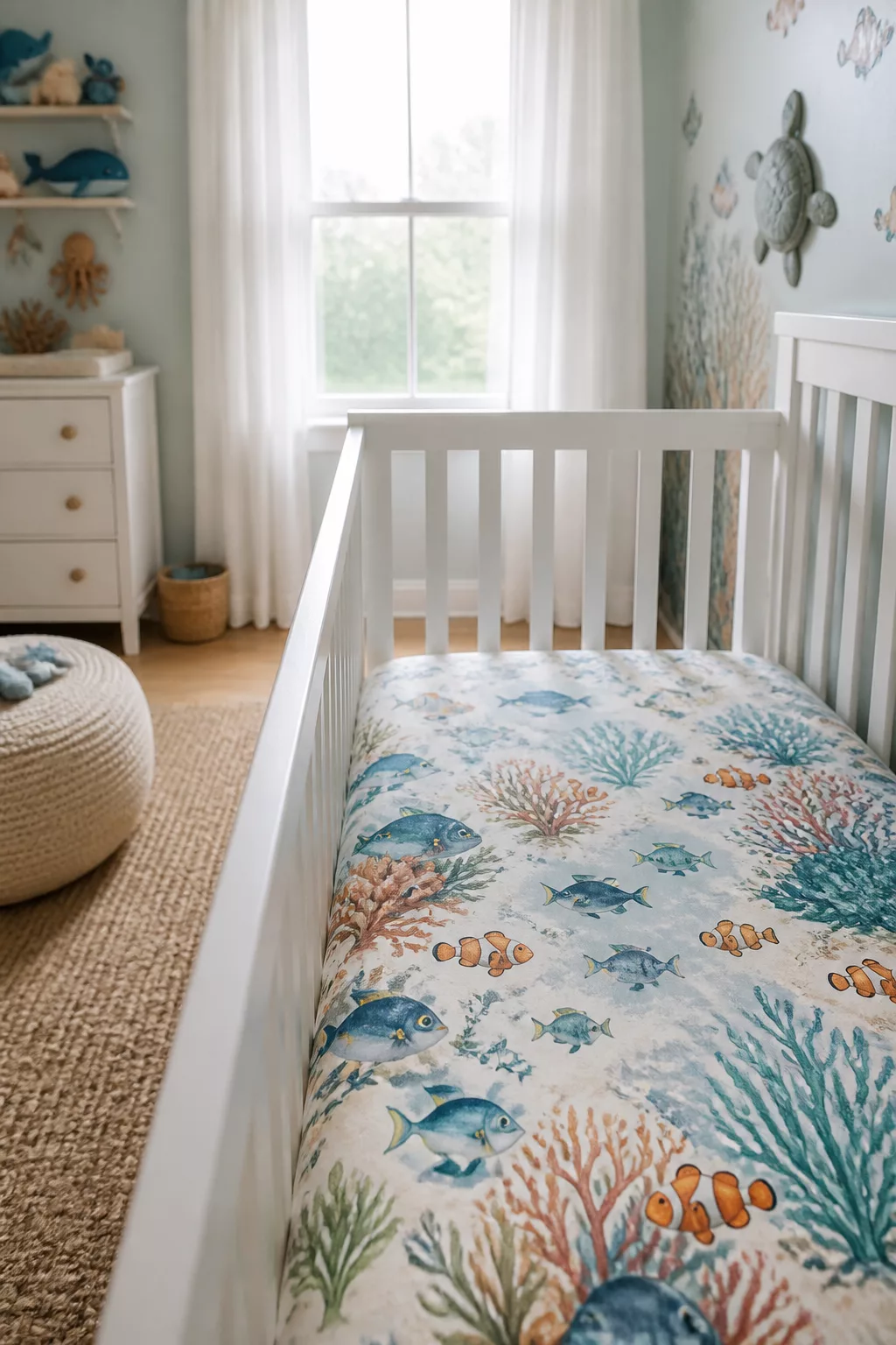 Under the sea nursery idea with a white crib and watercolor ocean fish printed crib sheet