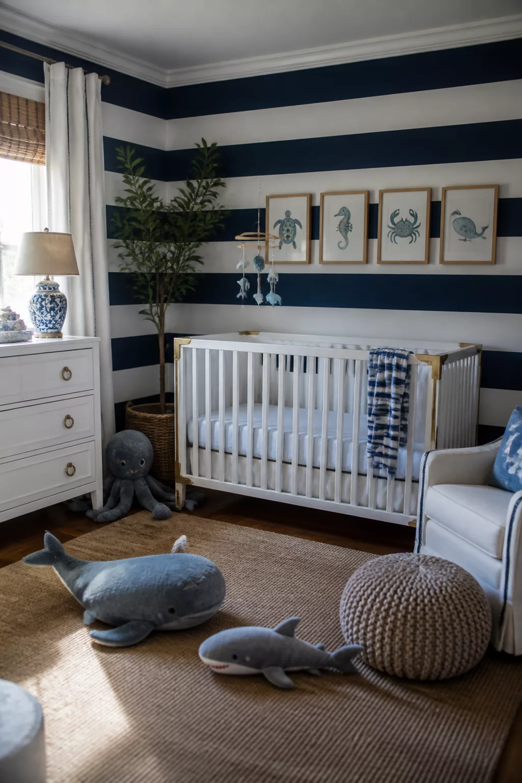 Navy stripe wall under the sea nursery ideas with gold-trim crib, jute rug, and framed sea creature art