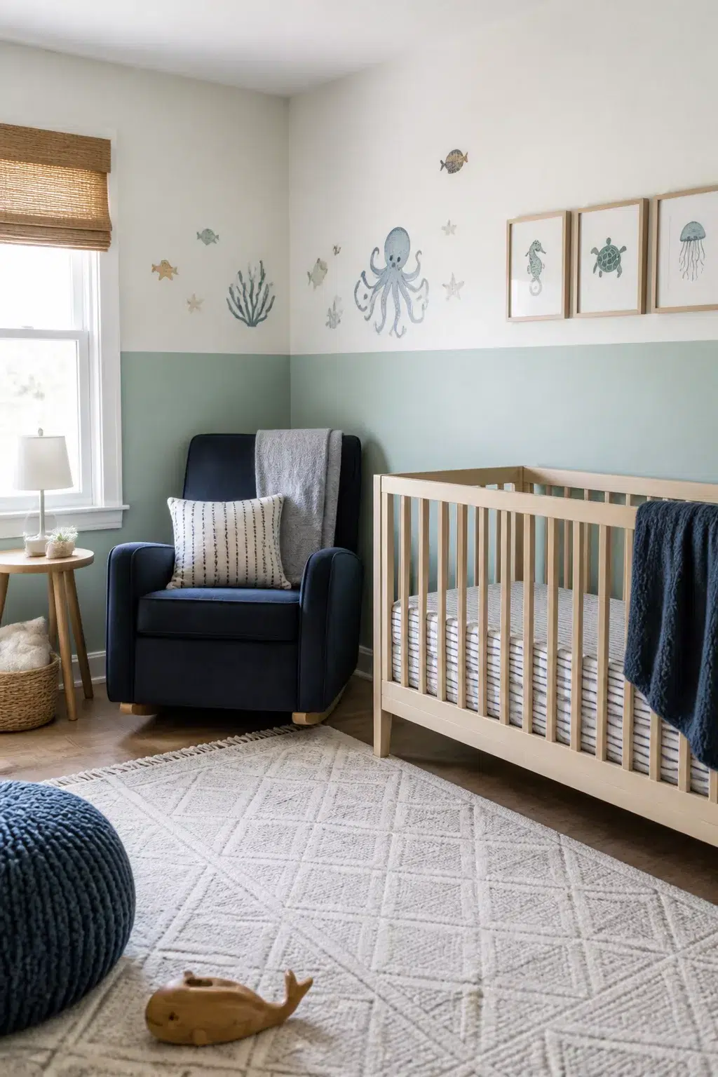 Under the sea nursery ideas with sea glass color block walls, ocean decals, and natural wood crib