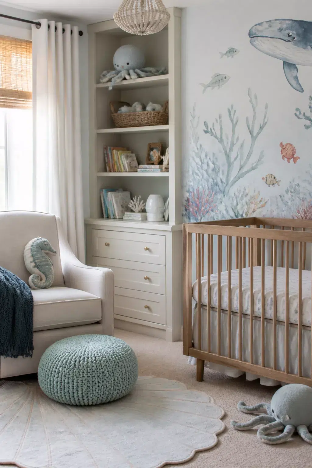 Under the sea nursery ideas with watercolor ocean mural, natural wood crib, and built-in shelving with sea creature decor