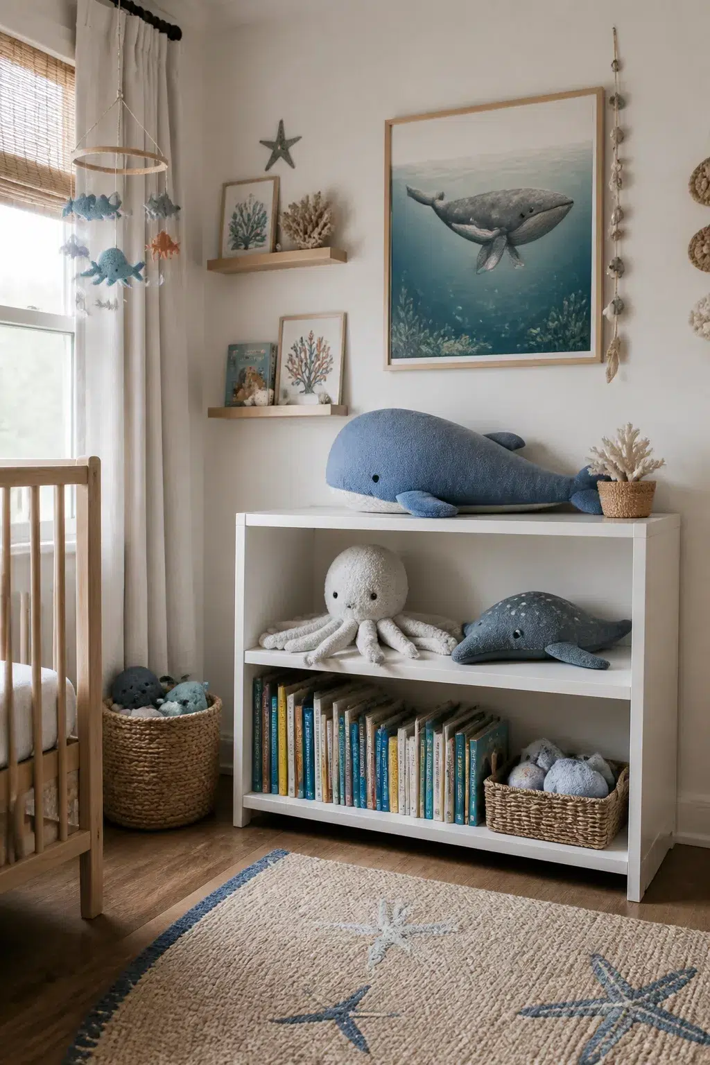 Under the sea nursery ideas with plush whale and octopus display on white bookshelf with ocean art