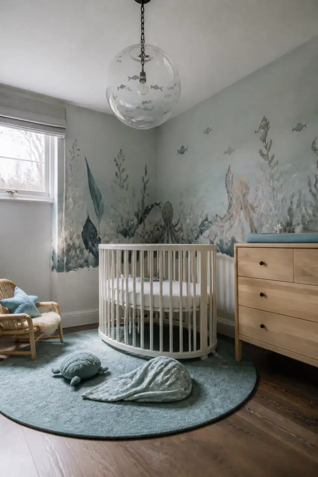 Under the sea nursery with glass globe fish pendant light, ocean floor mural, round white crib, and teal rug