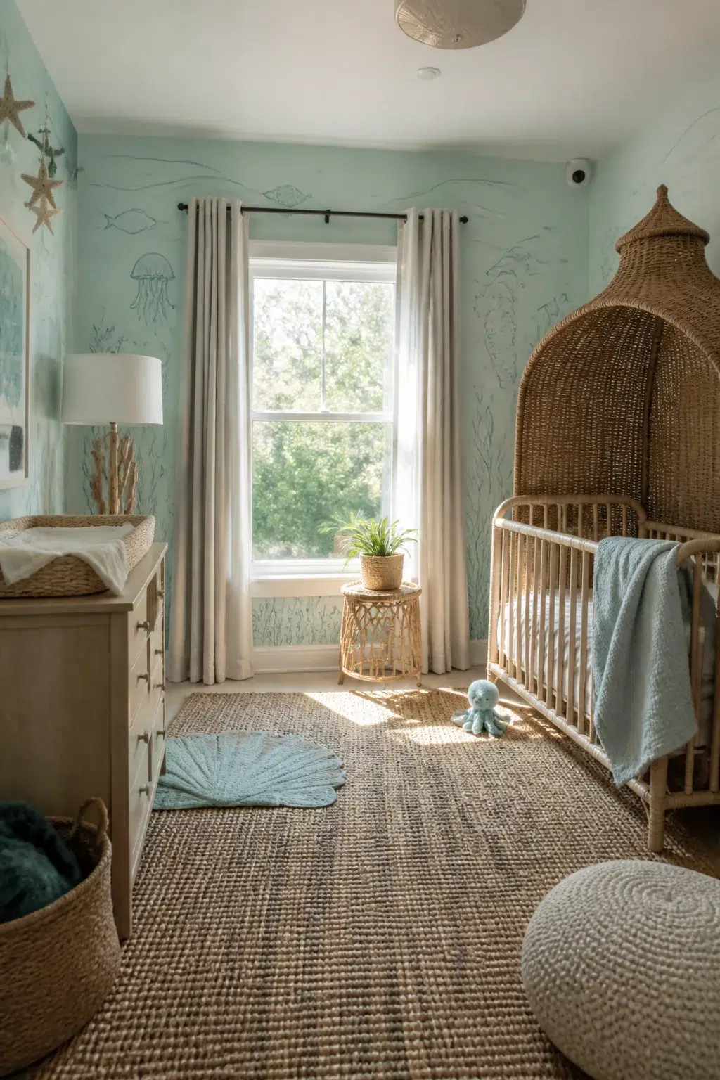Under the sea nursery ideas with wicker crib canopy, jute rug, and seafoam ocean sketch walls.