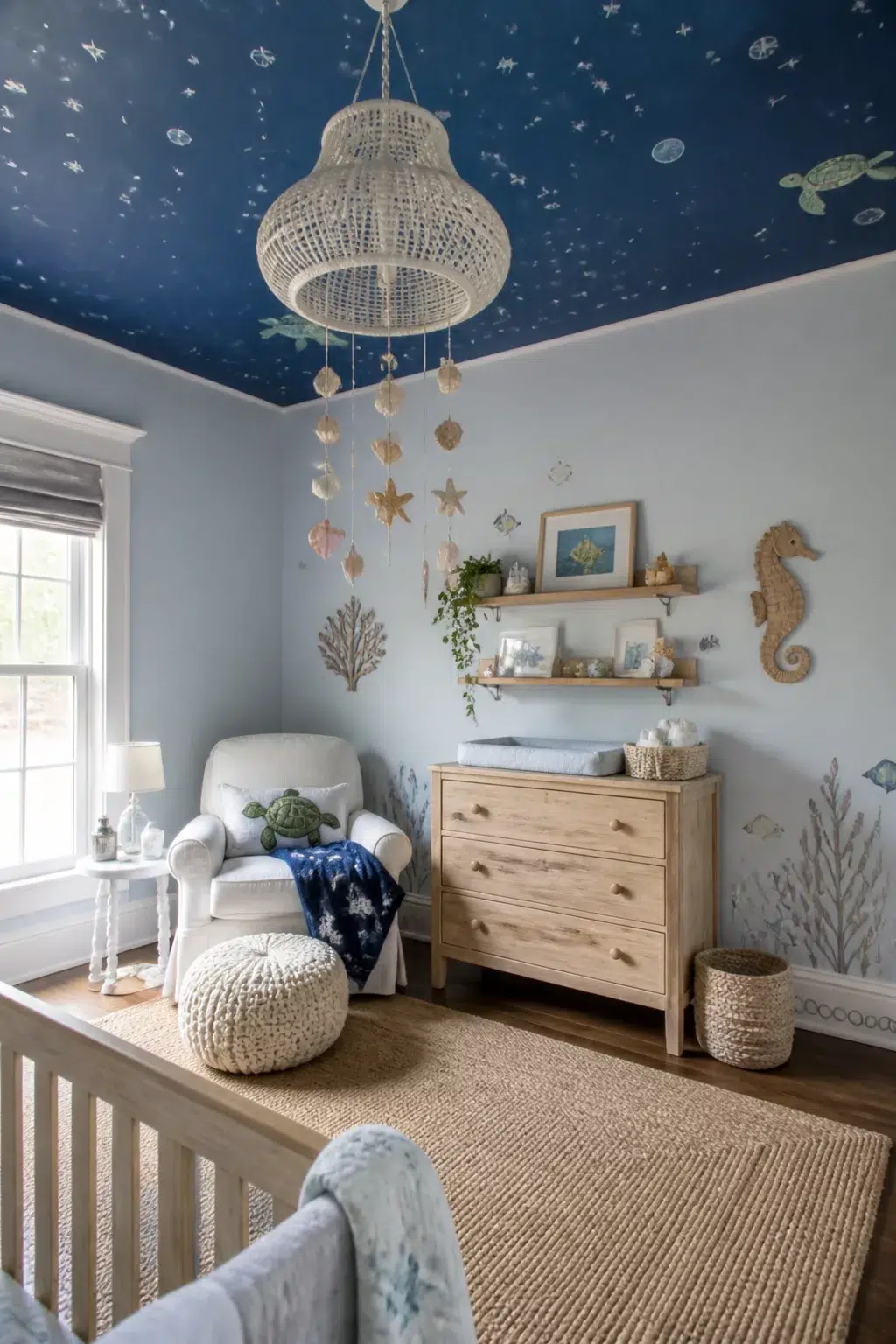 Under the sea nursery ideas with deep navy painted ceiling, sea creature details, beaded chandelier, and natural wood dresser