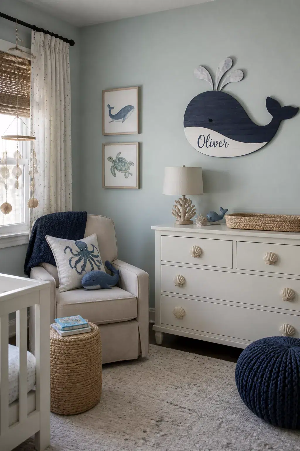 Under the sea nursery with personalized wooden whale name sign, shell drawer knobs, and soft blue walls