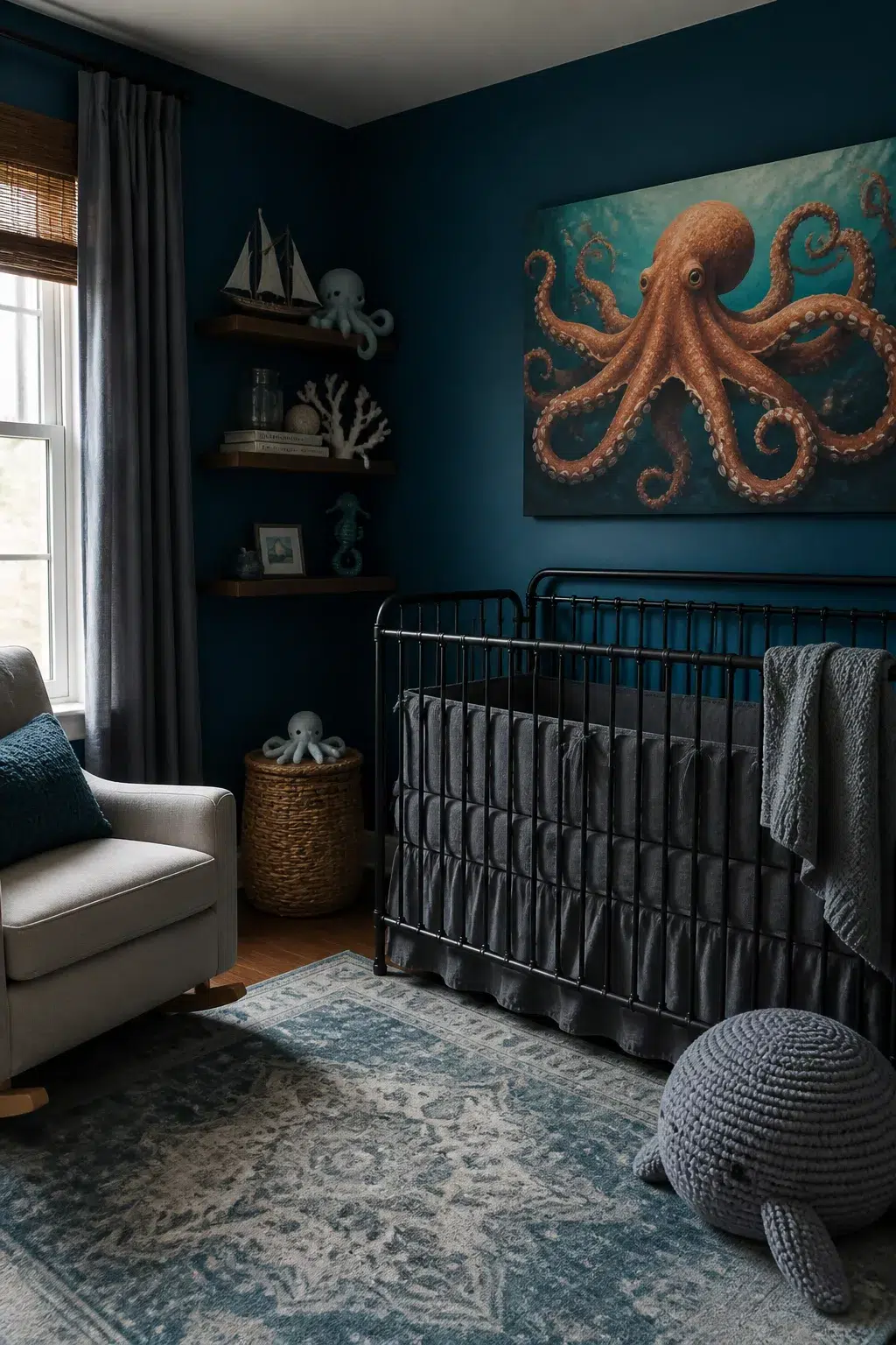 Dark teal under the sea nursery ideas with oversized octopus canvas, black iron crib, and navy bedding