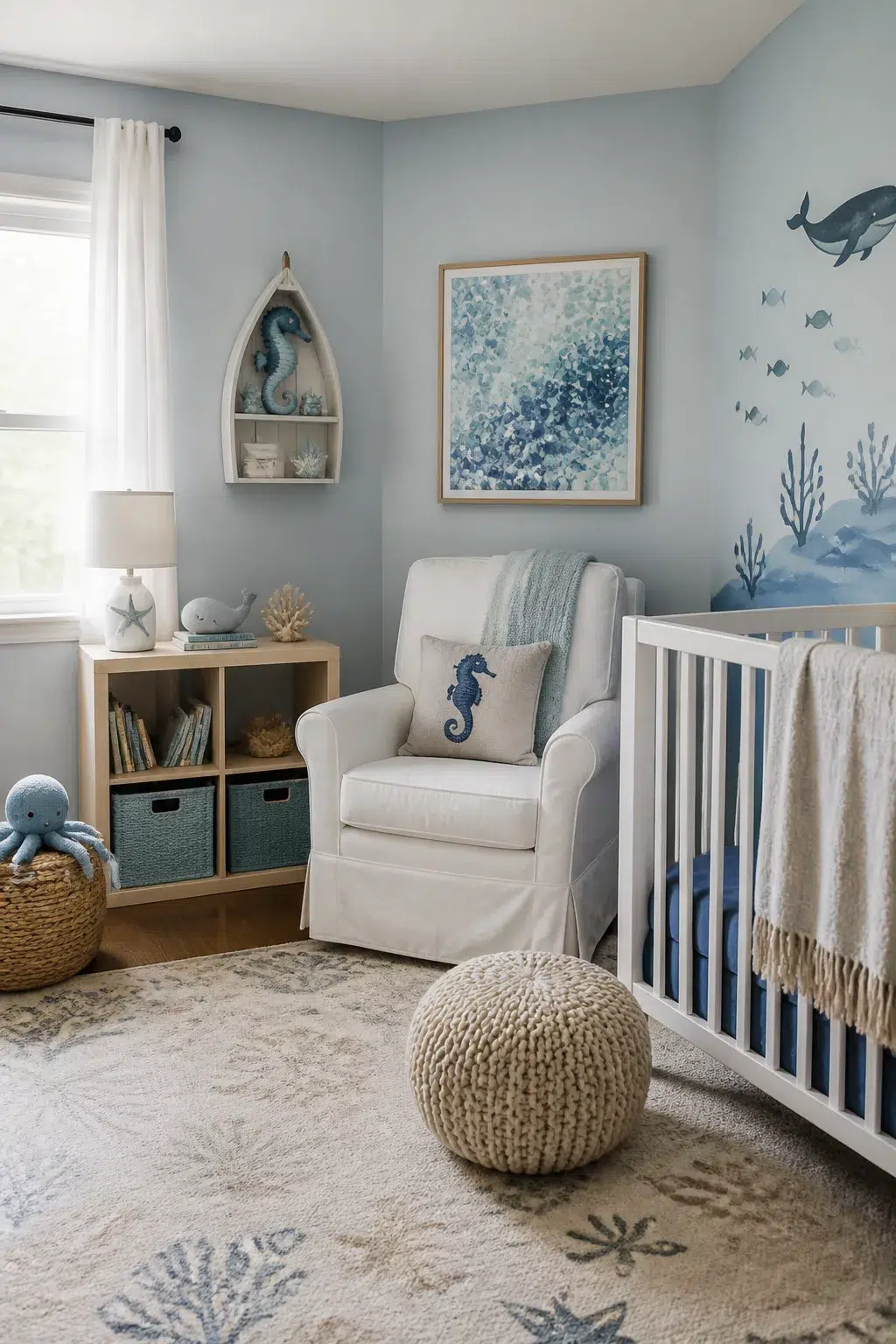 Under the sea nursery ideas with watercolor ocean wall art, seahorse pillow, and coral print rug
