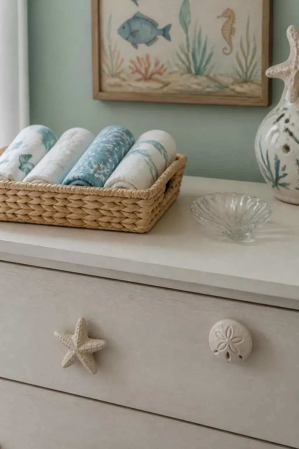 Under the sea nursery ideas: whitewashed dresser with starfish and sand dollar ceramic drawer knobs and ocean decor