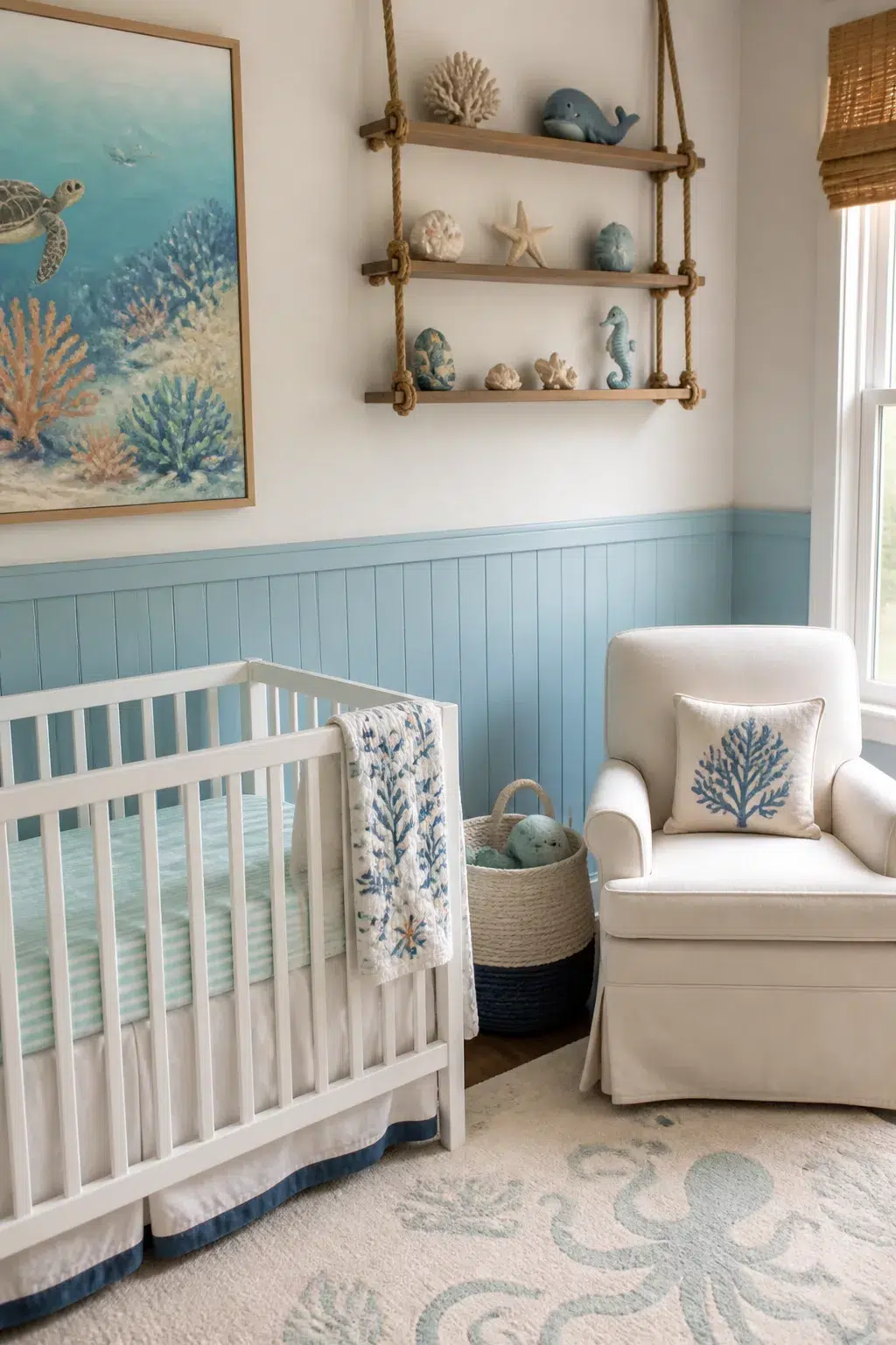 Pale blue beadboard nursery with rope shelves and sea creature decor — under the sea nursery ideas