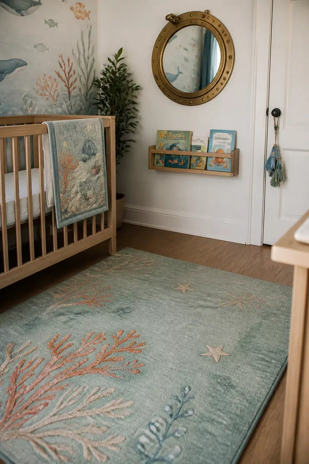 Brass porthole mirror and teal coral rug in an under the sea nursery with ocean book ledge and wood crib