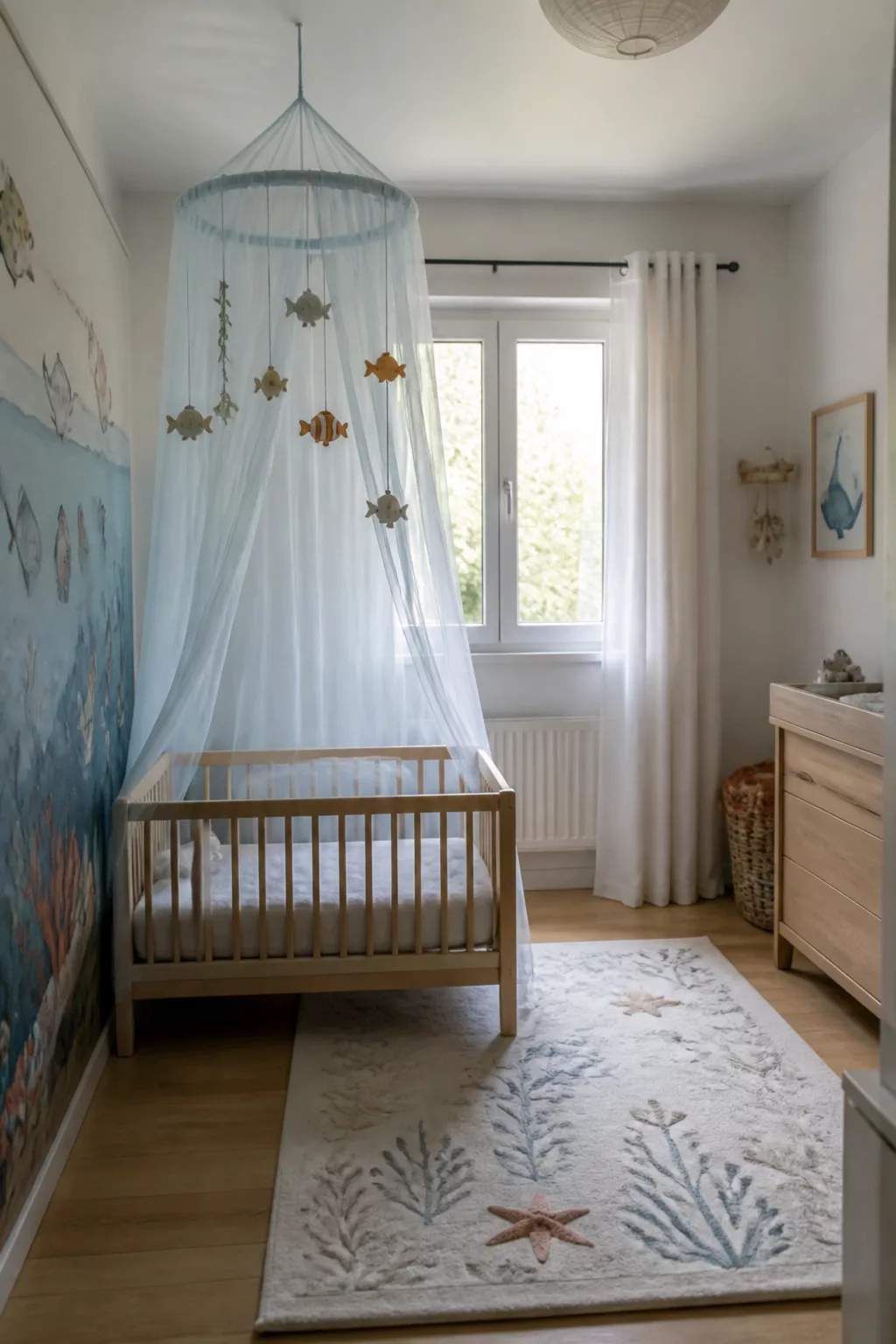 Under the sea nursery ideas with sheer crib canopy, wooden fish mobile, ocean mural, and coral rug