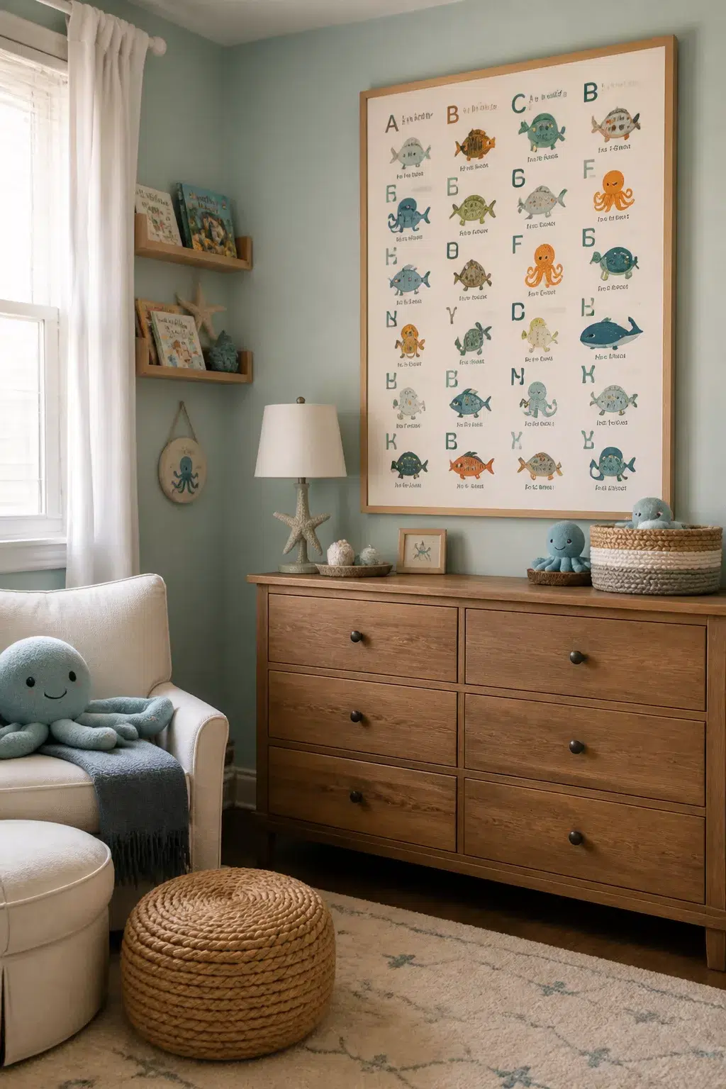 Under the sea nursery with a framed ocean alphabet print above a wood dresser and soft sage walls