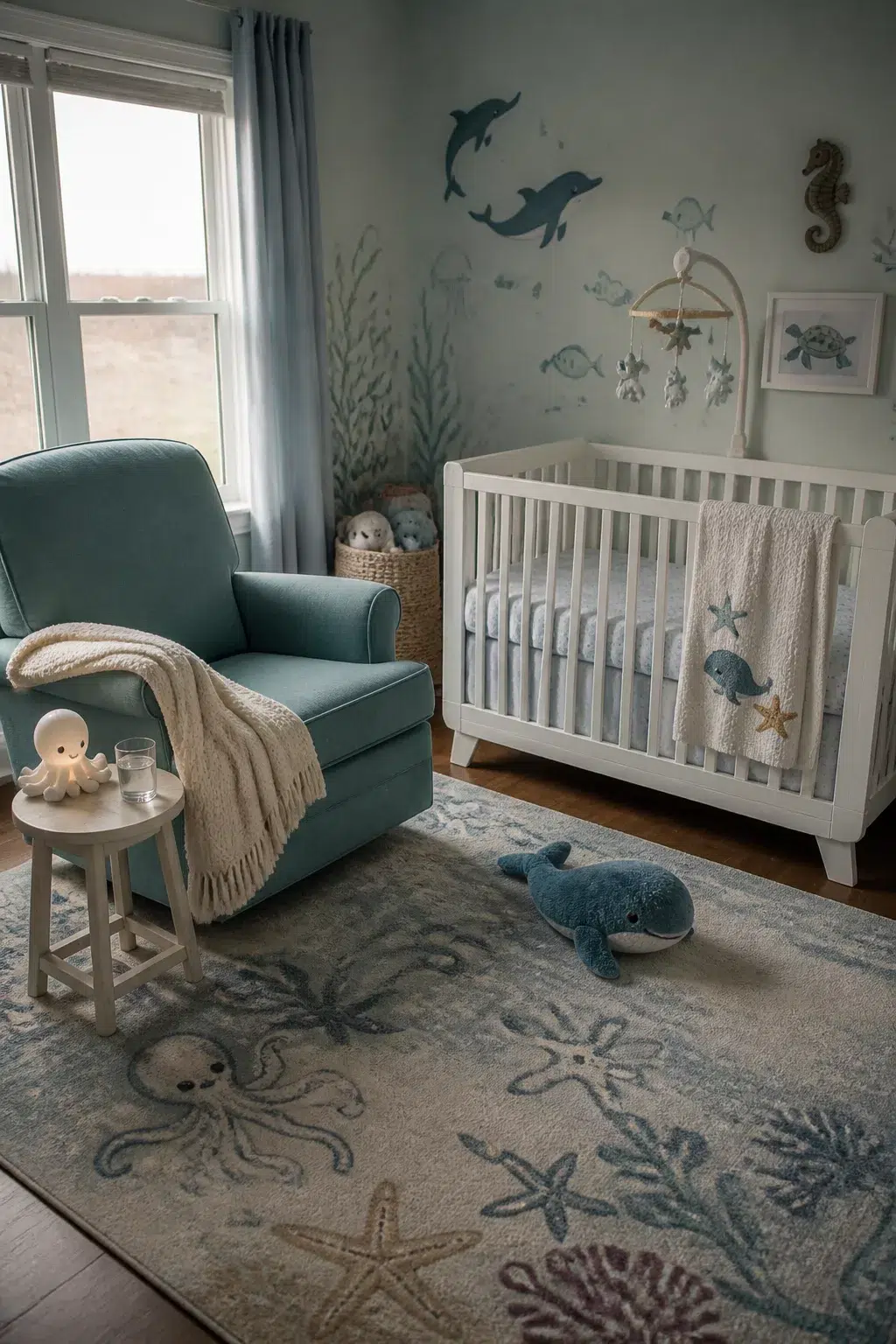 Teal glider chair and ocean creature rug in an under the sea nursery ideas room with sea wall decals