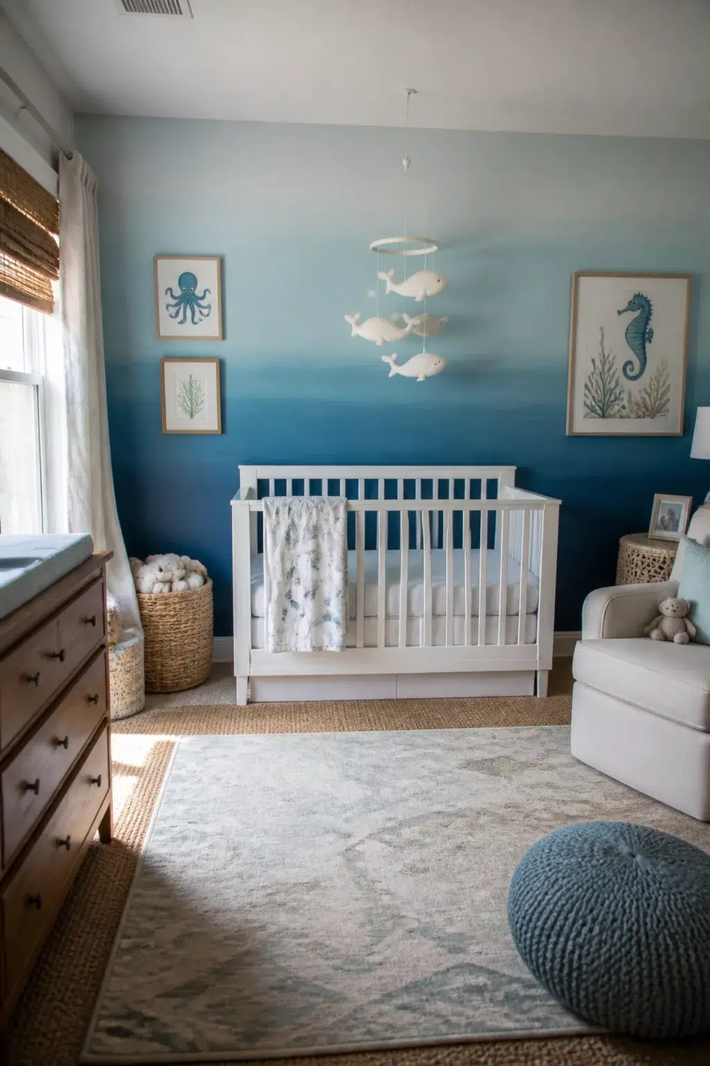 Under the sea nursery idea with blue ombre ocean wall, white crib, whale mobile, and framed sea creature art.