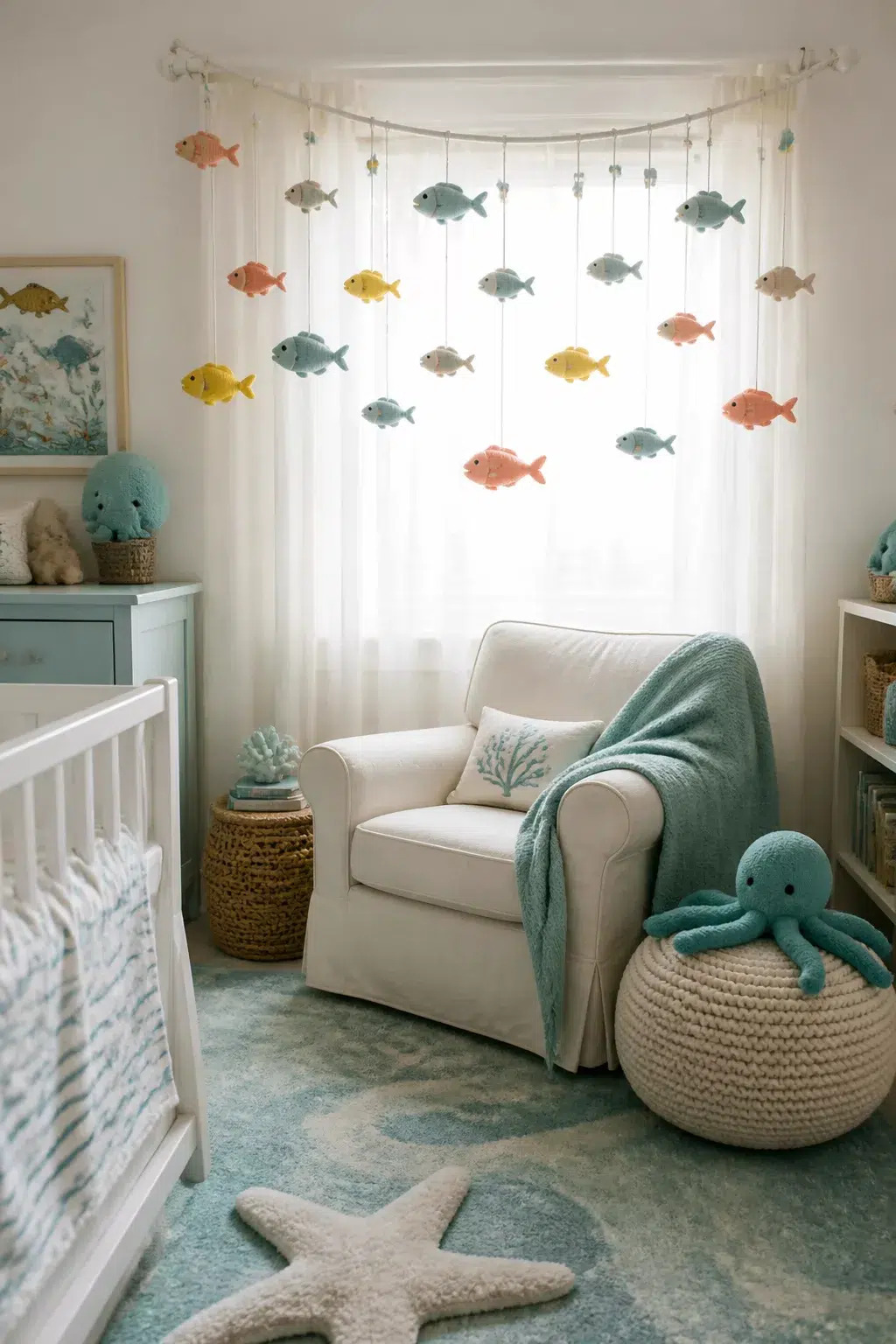 Under the sea nursery ideas with colorful felt fish window garland, cream glider, starfish rug, and teal ocean decor